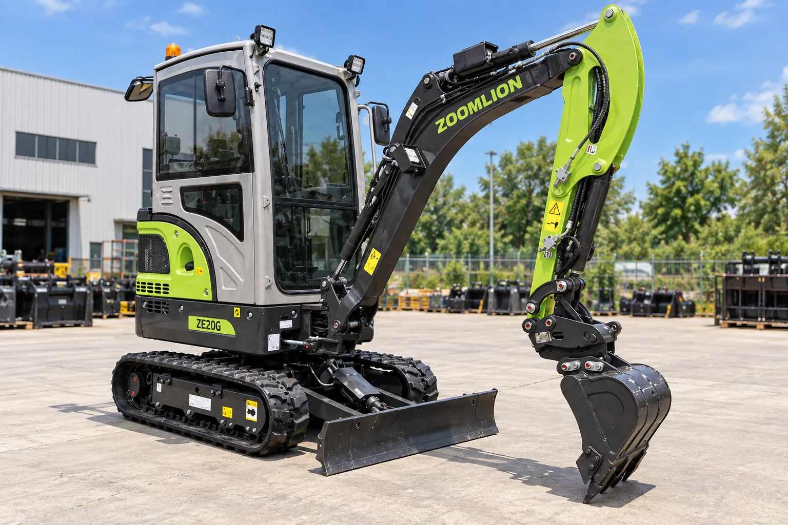Illustrative left oblique view of a Zoomlion ZE20G enclosed-cab excavator; not a photograph of a specific machine.