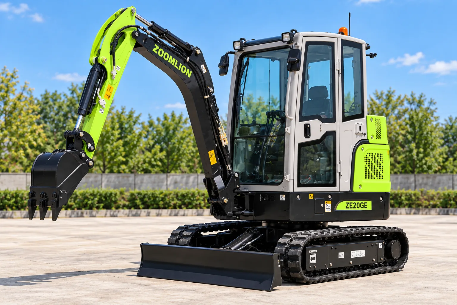 Illustrative left oblique view of a Zoomlion ZE20GE enclosed-cab excavator; not a photograph of a specific machine.