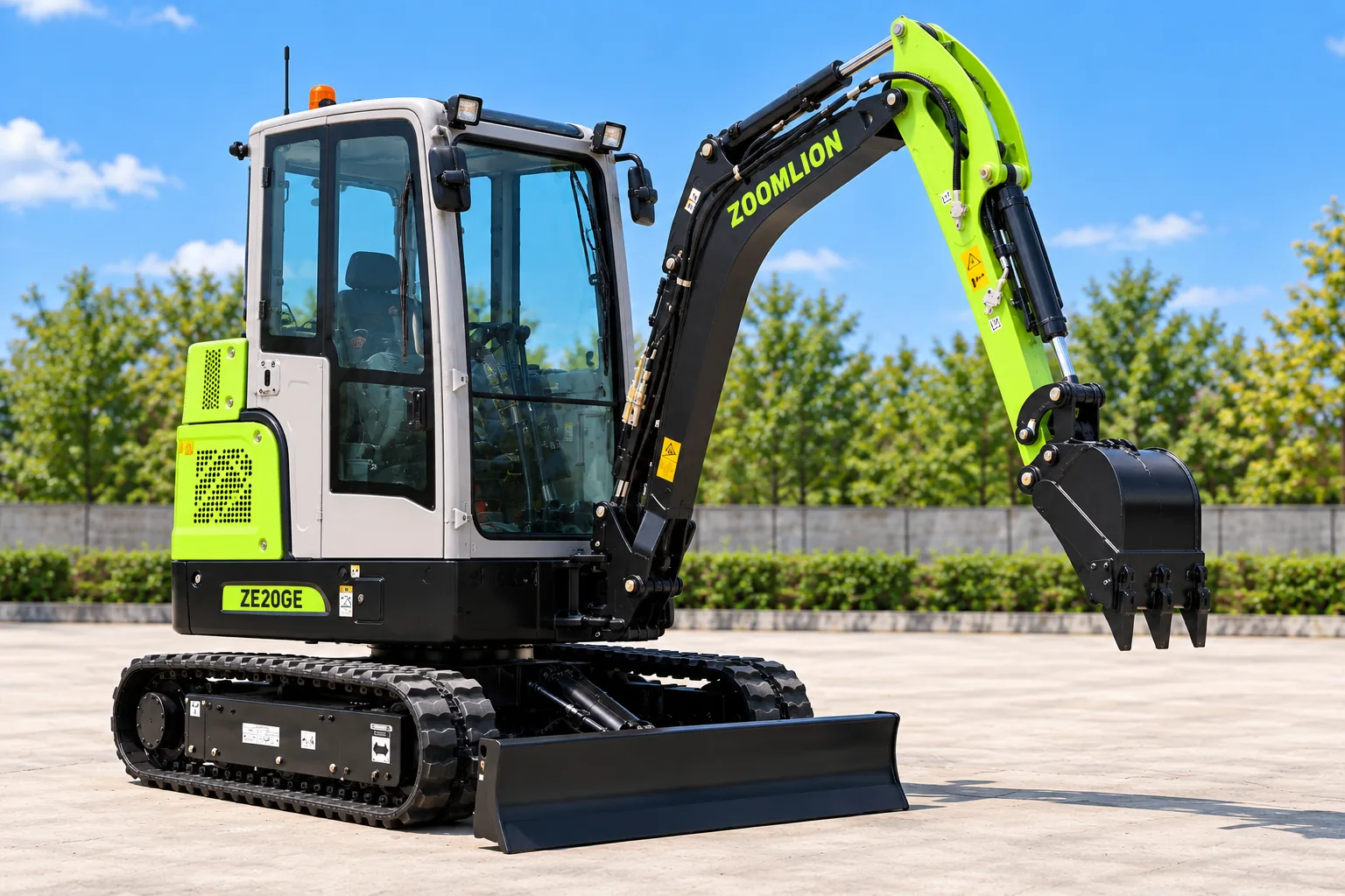 Illustrative right oblique view of a Zoomlion ZE20GE enclosed-cab excavator; not a photograph of a specific machine.