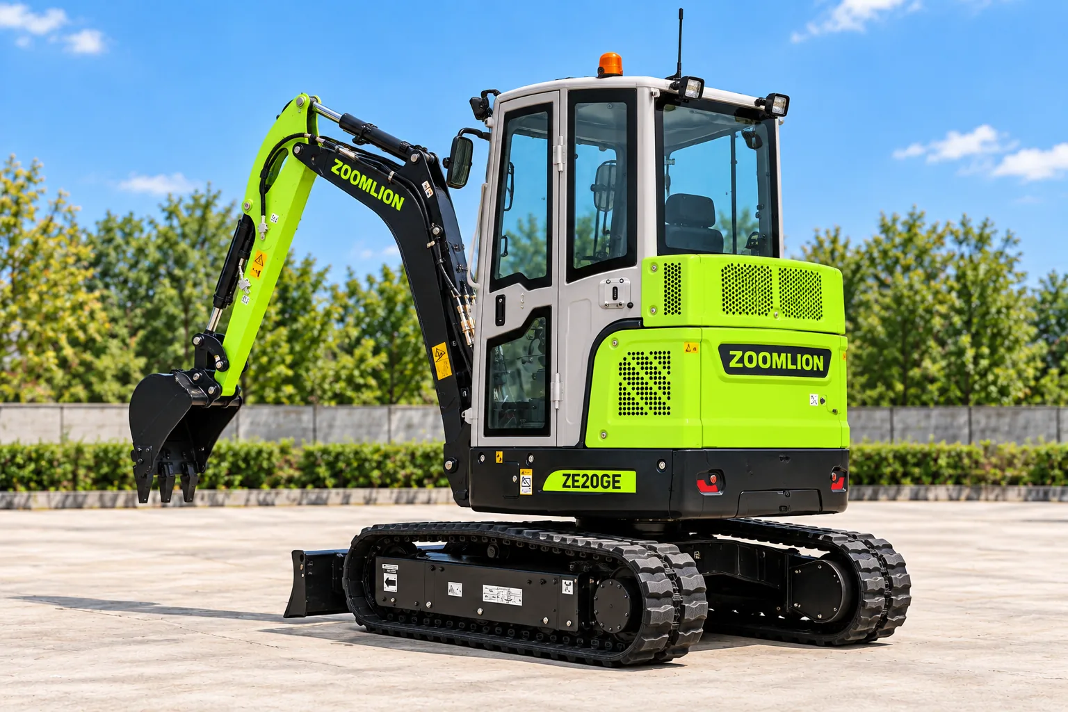 Illustrative rear-left oblique view of a Zoomlion ZE20GE enclosed-cab excavator; not a photograph of a specific machine.