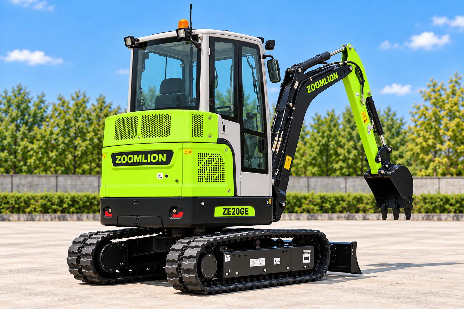 Illustrative rear-right oblique view of a Zoomlion ZE20GE enclosed-cab excavator; not a photograph of a specific machine.