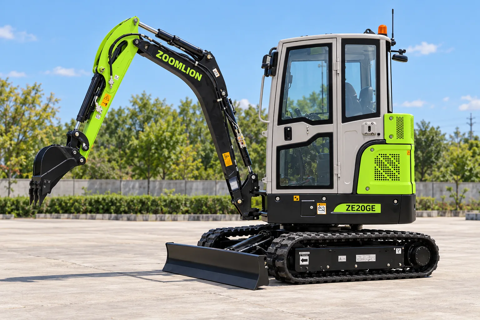 Illustrative left-side profile view of a Zoomlion ZE20GE enclosed-cab excavator; not a photograph of a specific machine.