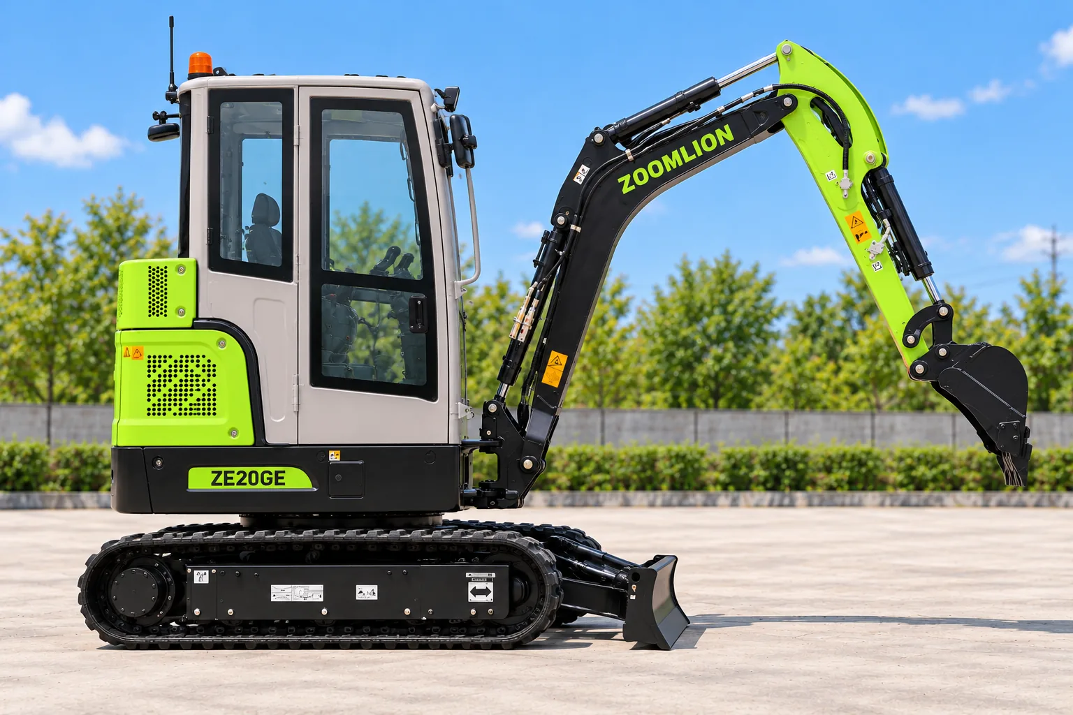 Illustrative right-side profile view of a Zoomlion ZE20GE enclosed-cab excavator; not a photograph of a specific machine.