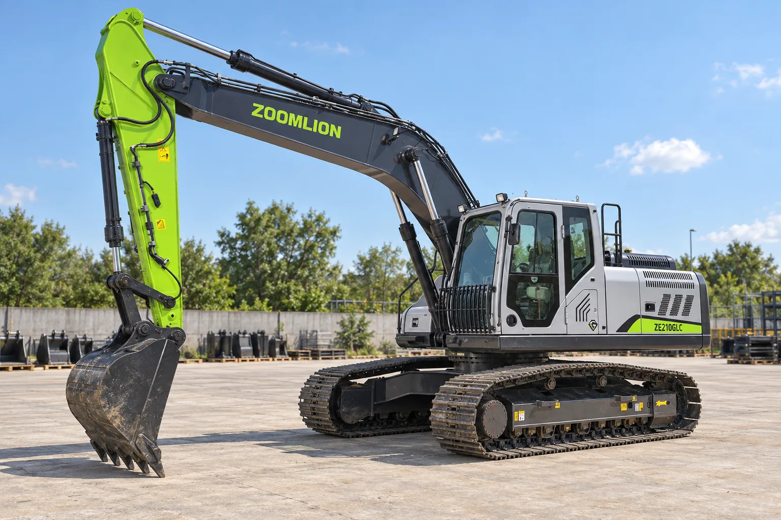 Illustrative forward oblique A view of a Zoomlion ZE210GLC crawler excavator with digging bucket; not a photograph of a specific machine.