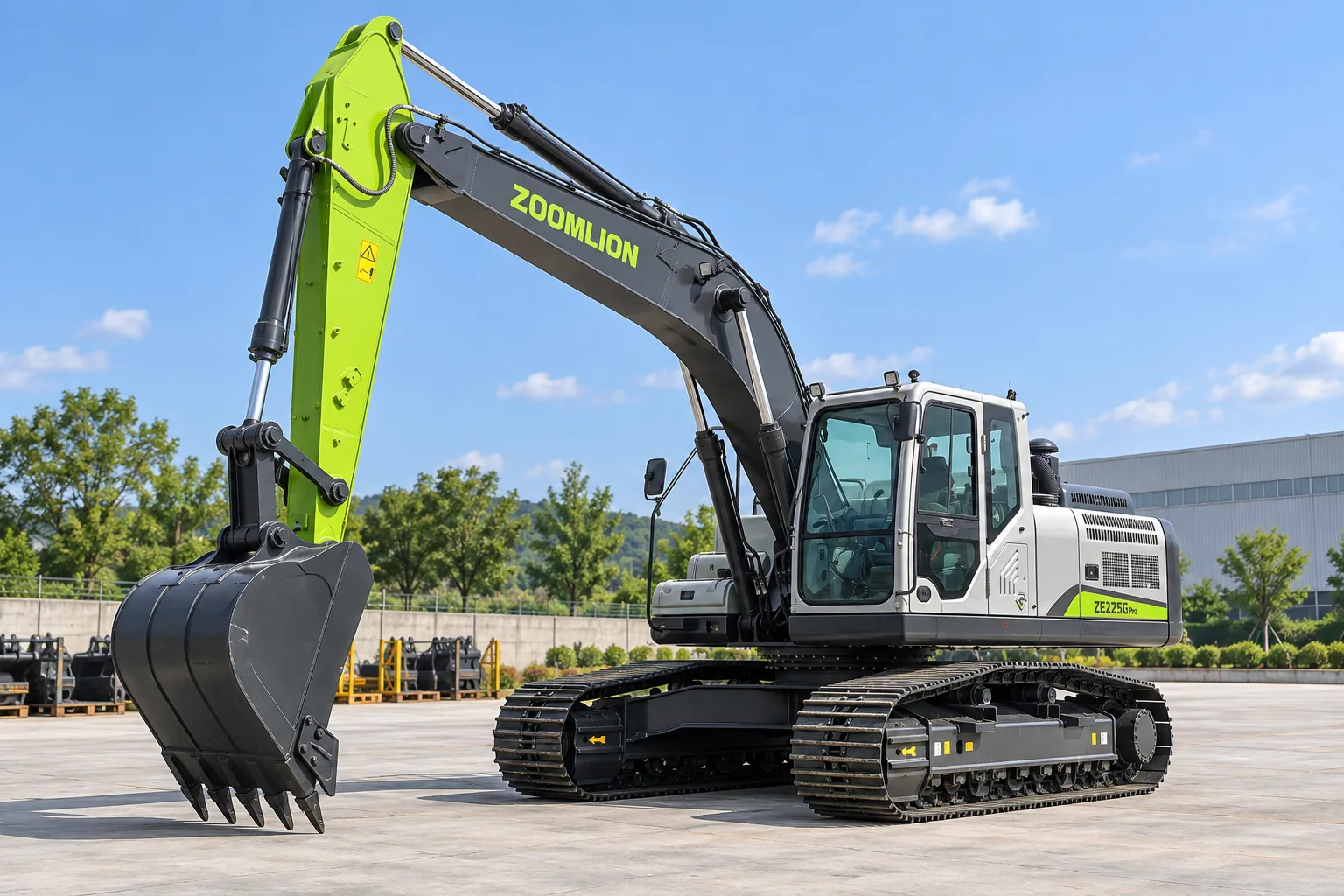 Illustrative main forward view of a Zoomlion ZE225G Pro diesel crawler excavator with digging bucket; not a photograph of a specific machine