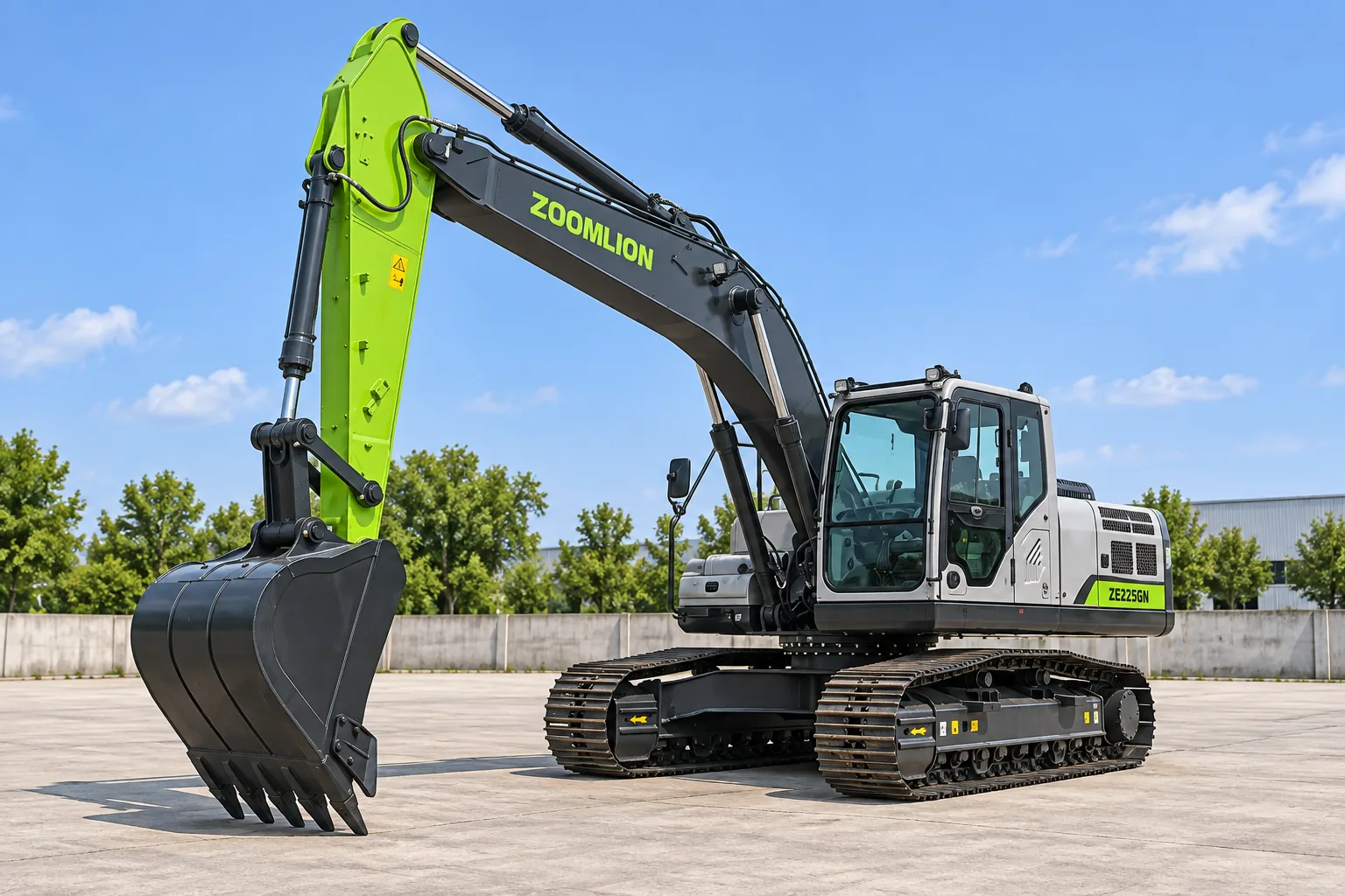 Illustrative forward oblique A view of a Zoomlion ZE225GN crawler excavator with digging bucket; not a photograph of a specific machine