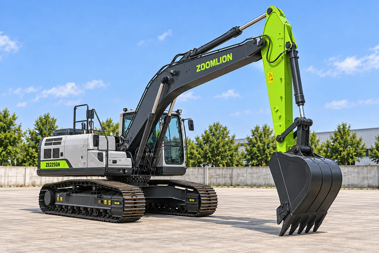 Illustrative forward oblique B view of a Zoomlion ZE225GN crawler excavator with digging bucket; not a photograph of a specific machine
