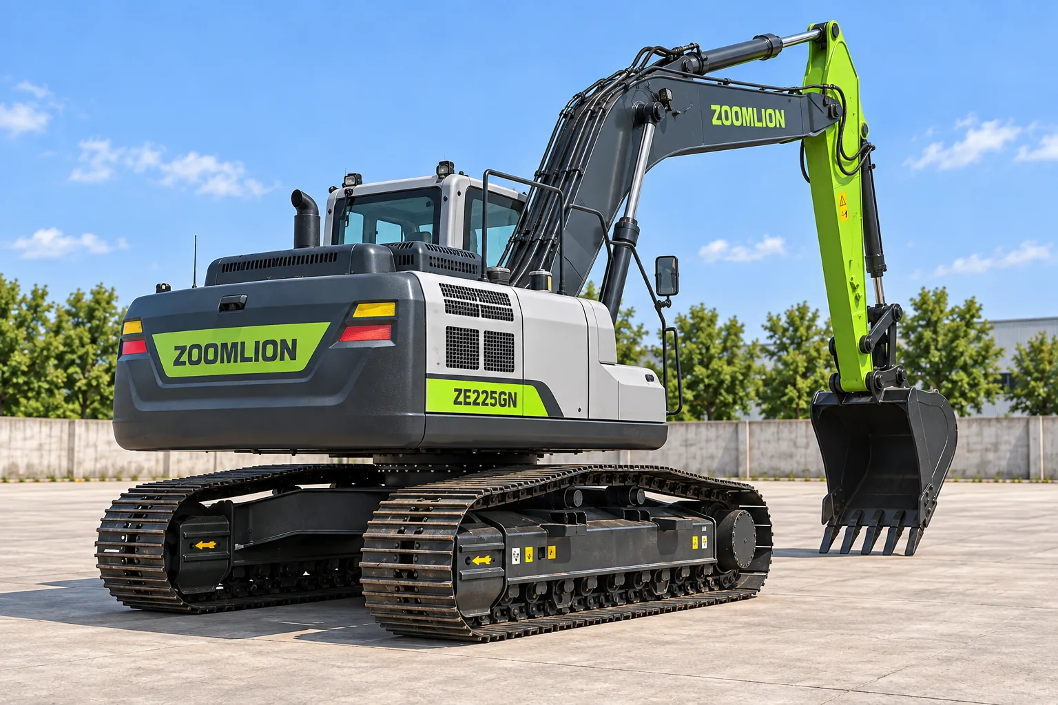 Illustrative rear oblique A view of a Zoomlion ZE225GN crawler excavator with digging bucket; not a photograph of a specific machine