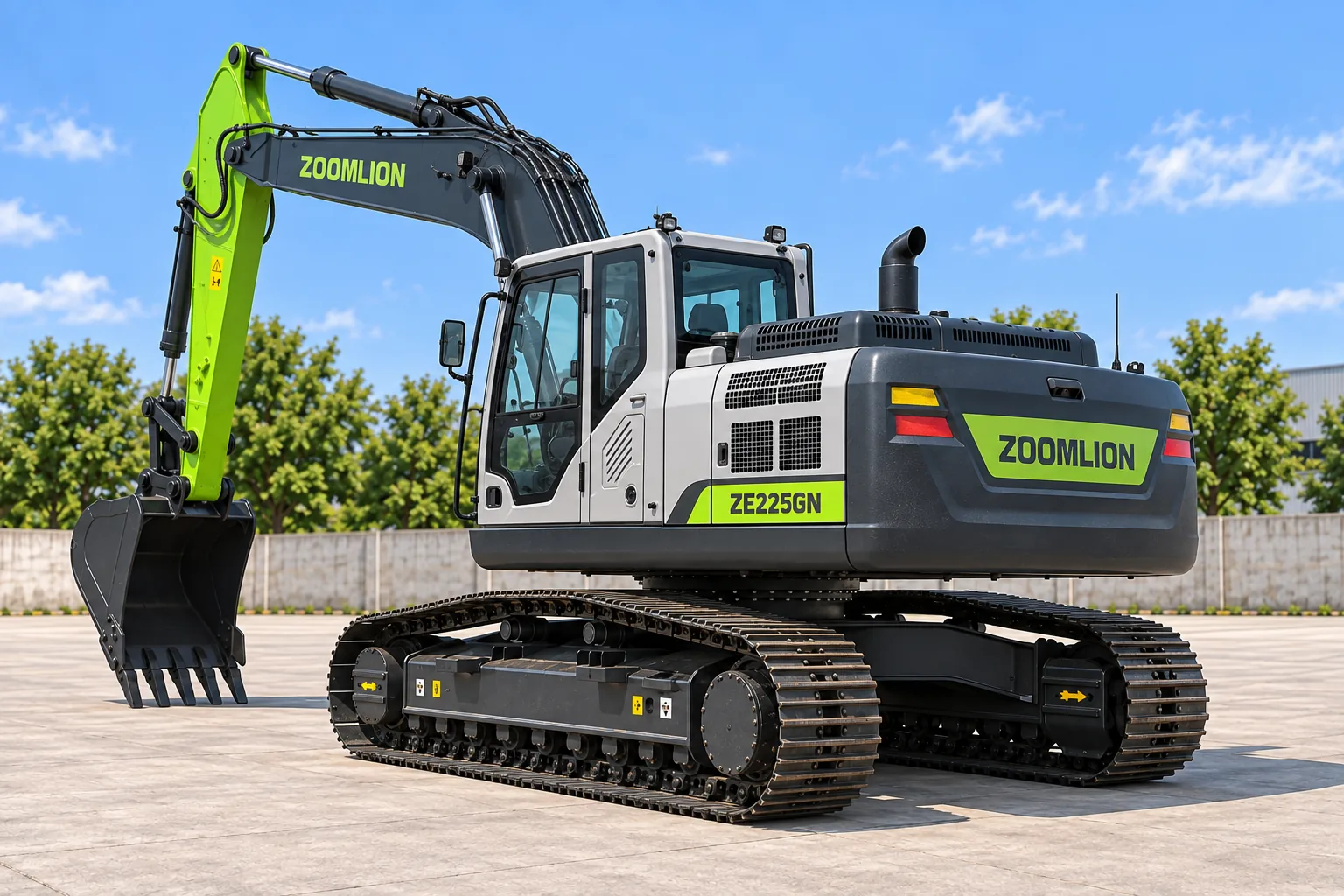 Illustrative rear oblique B view of a Zoomlion ZE225GN crawler excavator with digging bucket; not a photograph of a specific machine