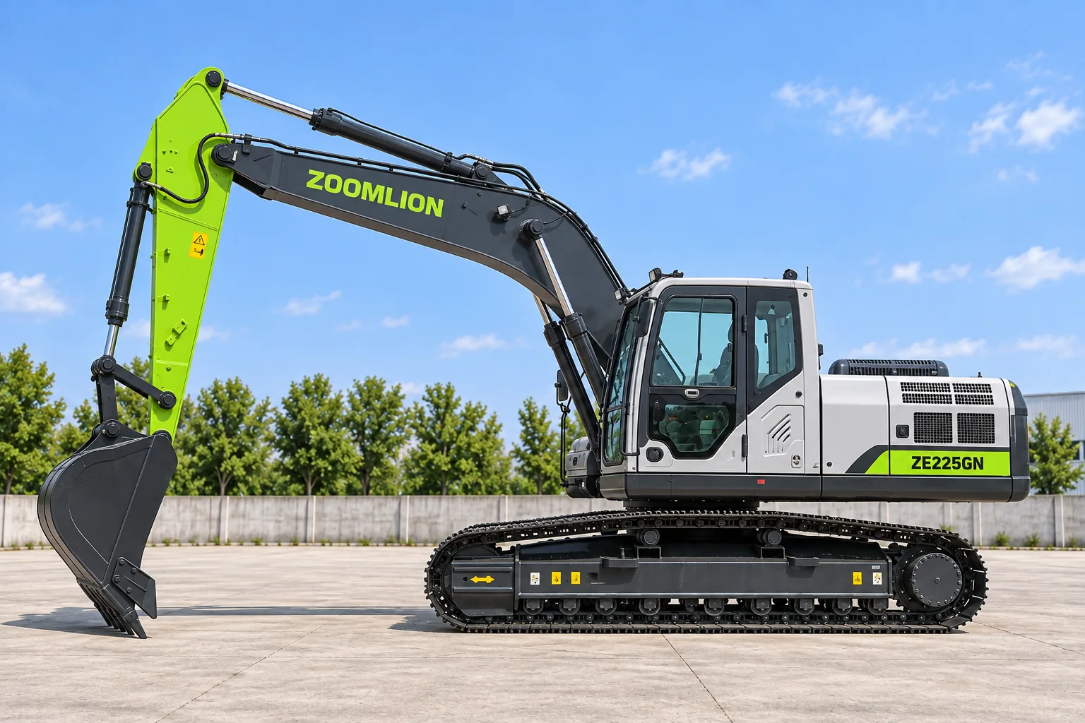 Illustrative cab-side profile view of a Zoomlion ZE225GN crawler excavator with digging bucket; not a photograph of a specific machine