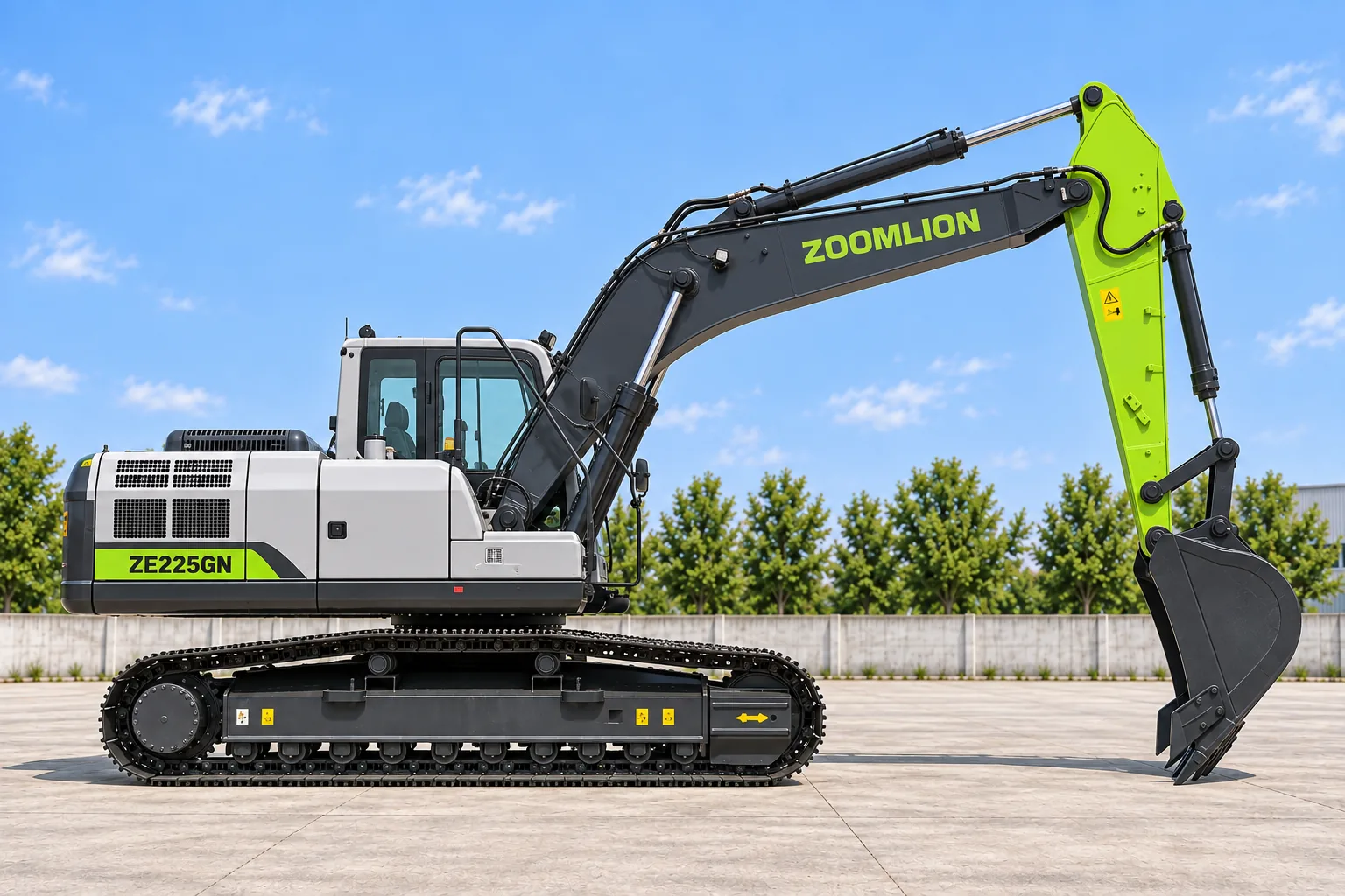 Illustrative service-side profile view of a Zoomlion ZE225GN crawler excavator with digging bucket; not a photograph of a specific machine