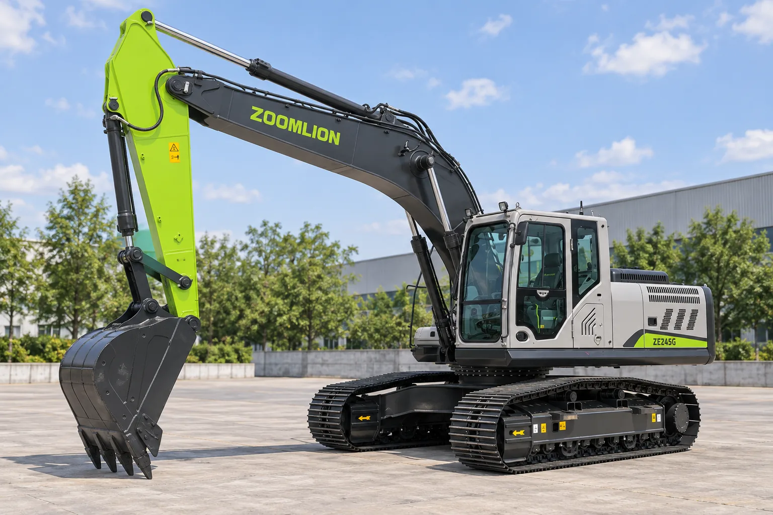 Illustrative main forward view of a Zoomlion ZE245G diesel crawler excavator with digging bucket; not a photograph of a specific machine