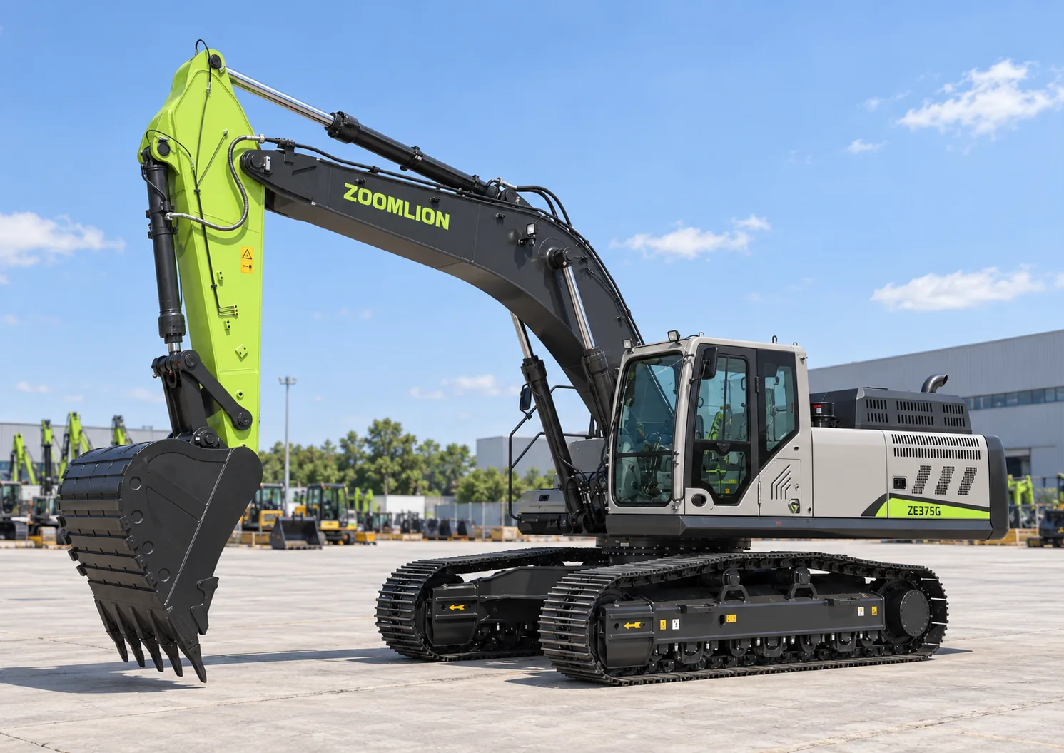 Illustrative cab-side front oblique view of a Zoomlion ZE375G crawler excavator with digging bucket; not a photograph of a specific machine