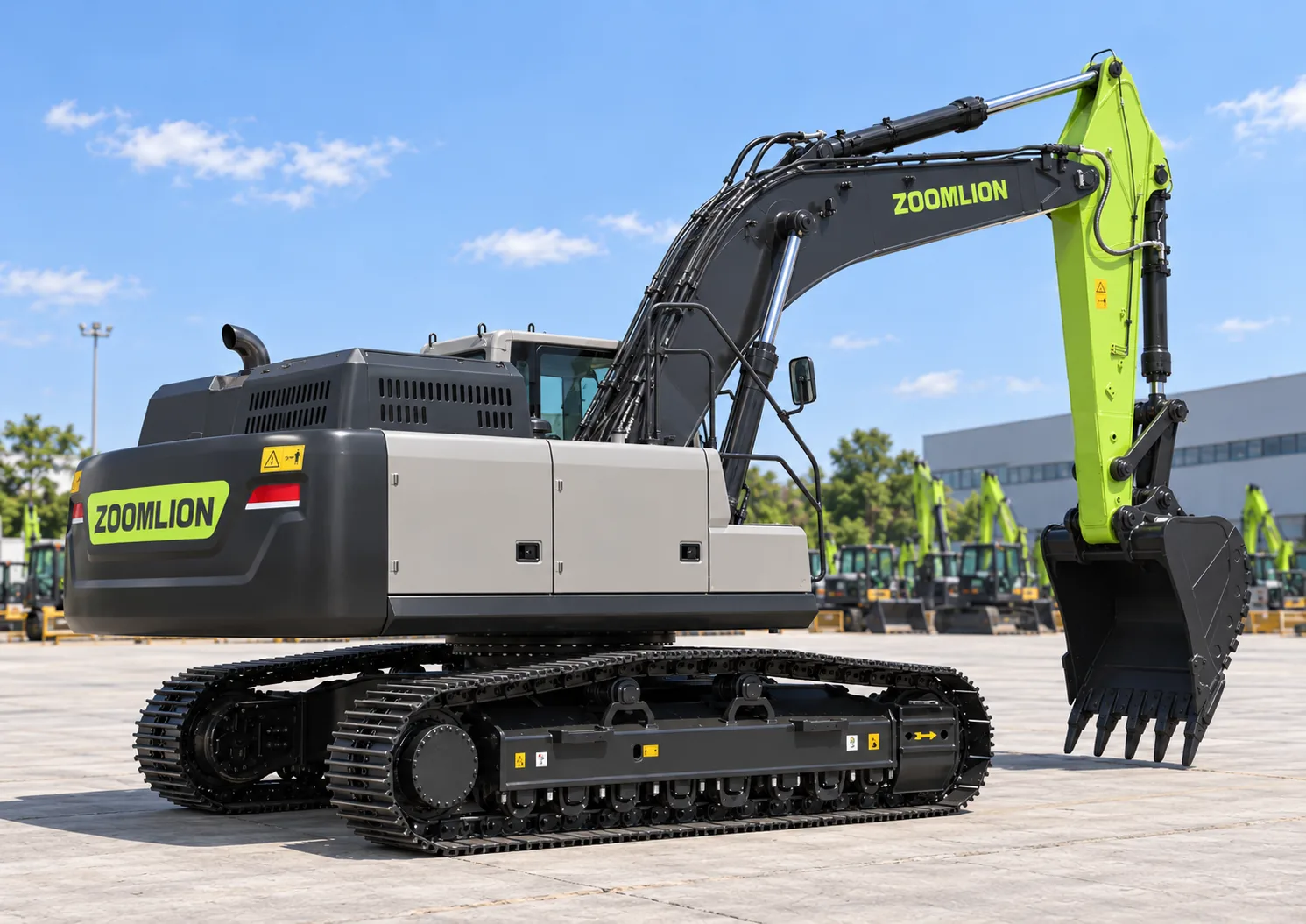 Illustrative service-side rear oblique view of a Zoomlion ZE375G crawler excavator with digging bucket; not a photograph of a specific machine