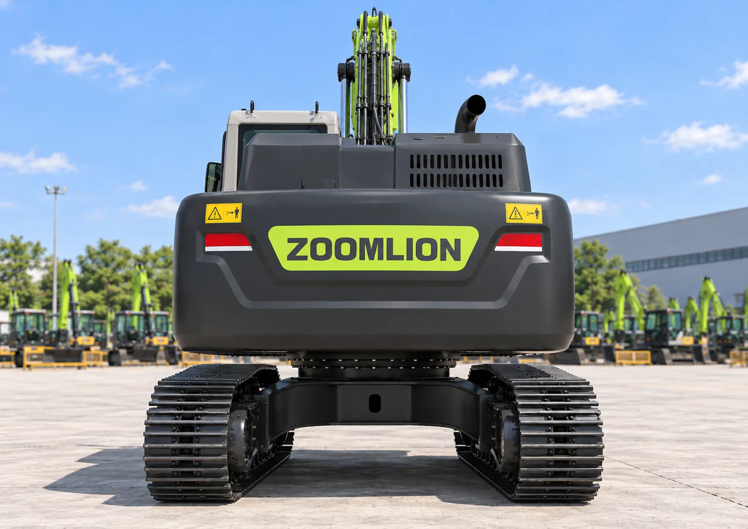Illustrative rear detail view of a Zoomlion ZE375G crawler excavator; not a complete-machine survey or photograph of a specific machine