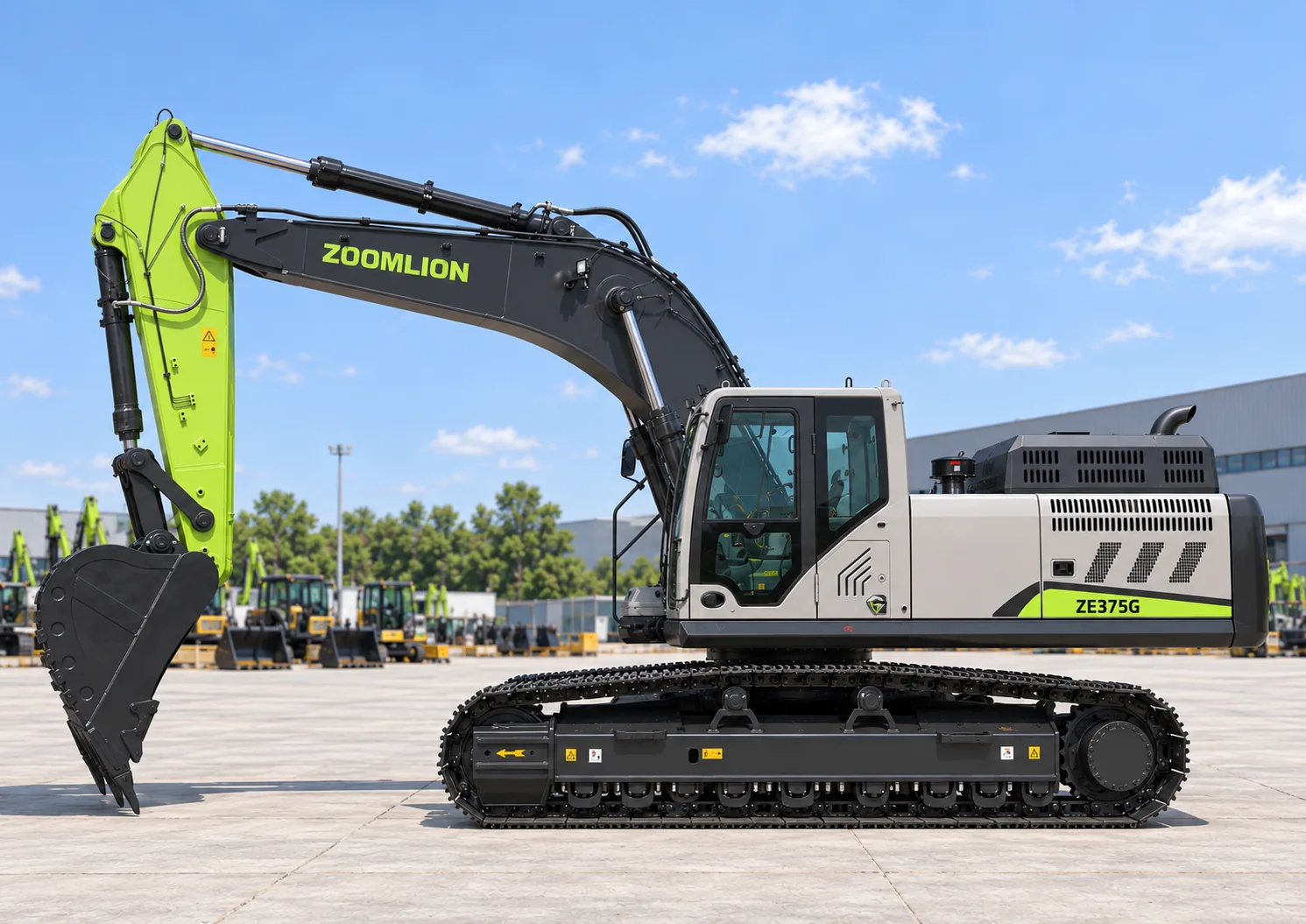 Illustrative cab-side profile view of a Zoomlion ZE375G crawler excavator with digging bucket; not a photograph of a specific machine