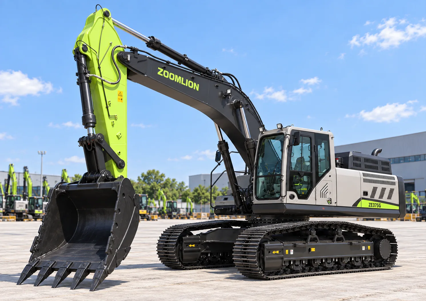Illustrative front bucket oblique view of a Zoomlion ZE375G crawler excavator with digging bucket; not a photograph of a specific machine