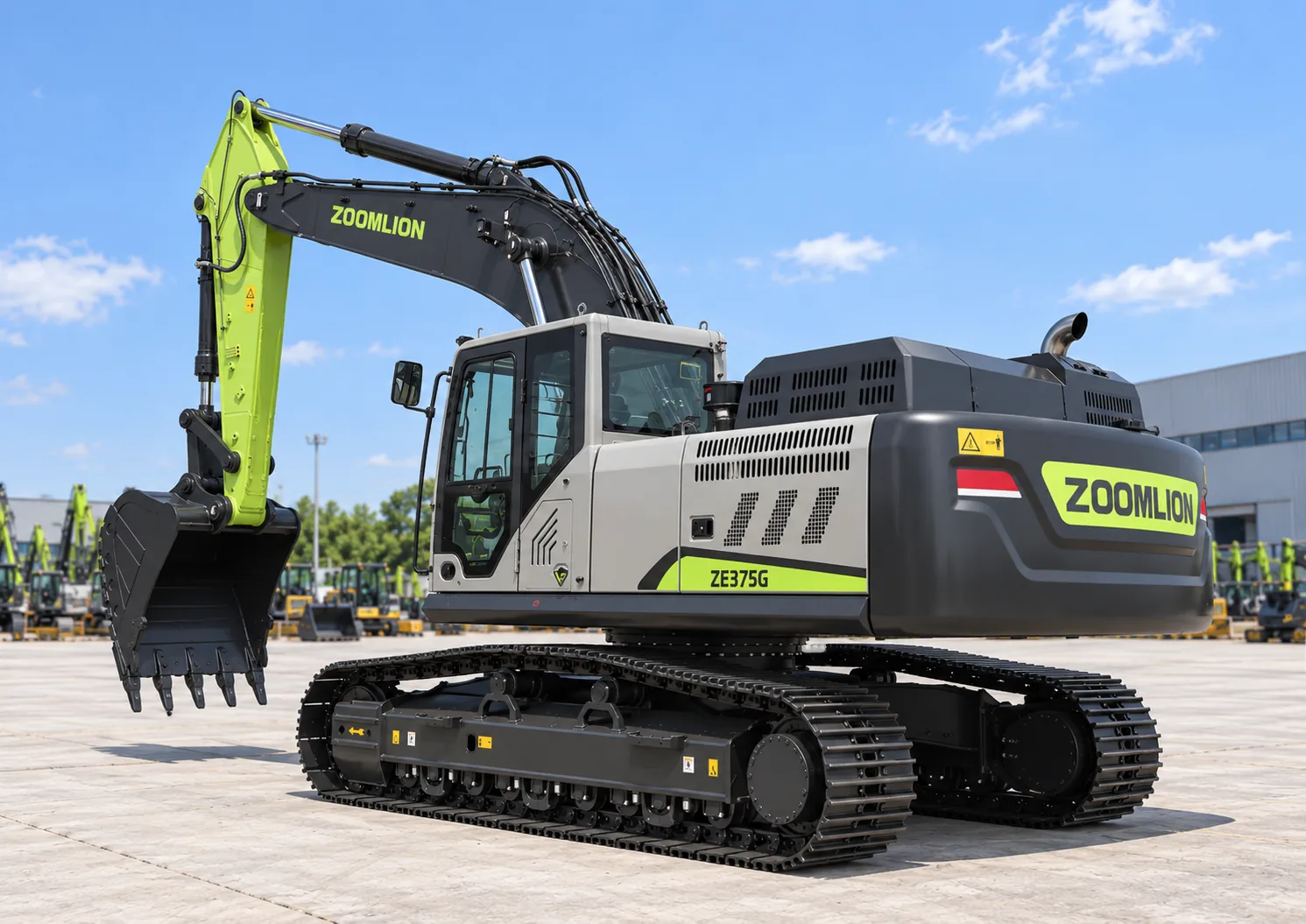Illustrative cab-side rear oblique view of a Zoomlion ZE375G crawler excavator with digging bucket; not a photograph of a specific machine