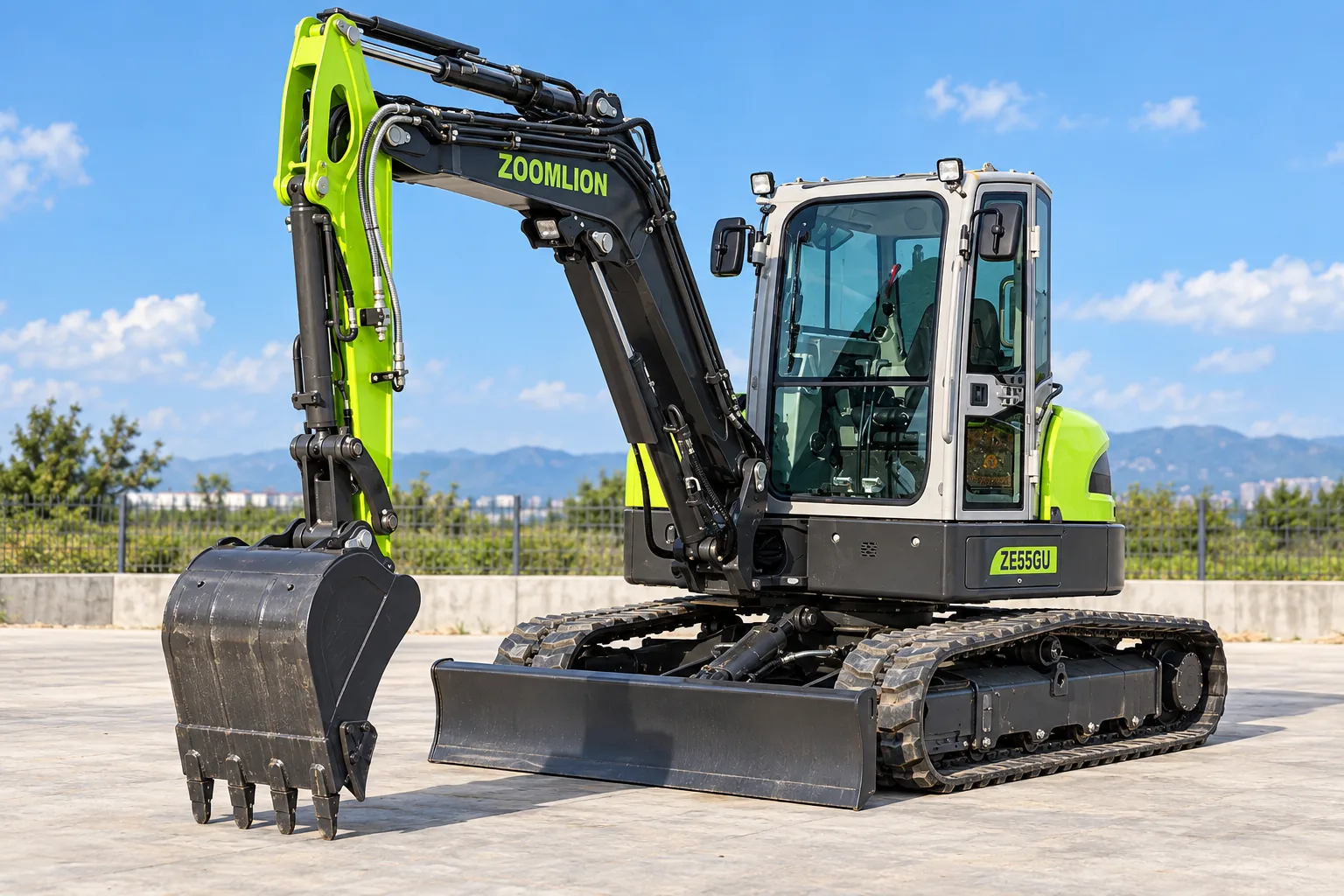 Illustrative left oblique view of a Zoomlion ZE55GU enclosed-cab excavator; not a photograph of a specific machine.