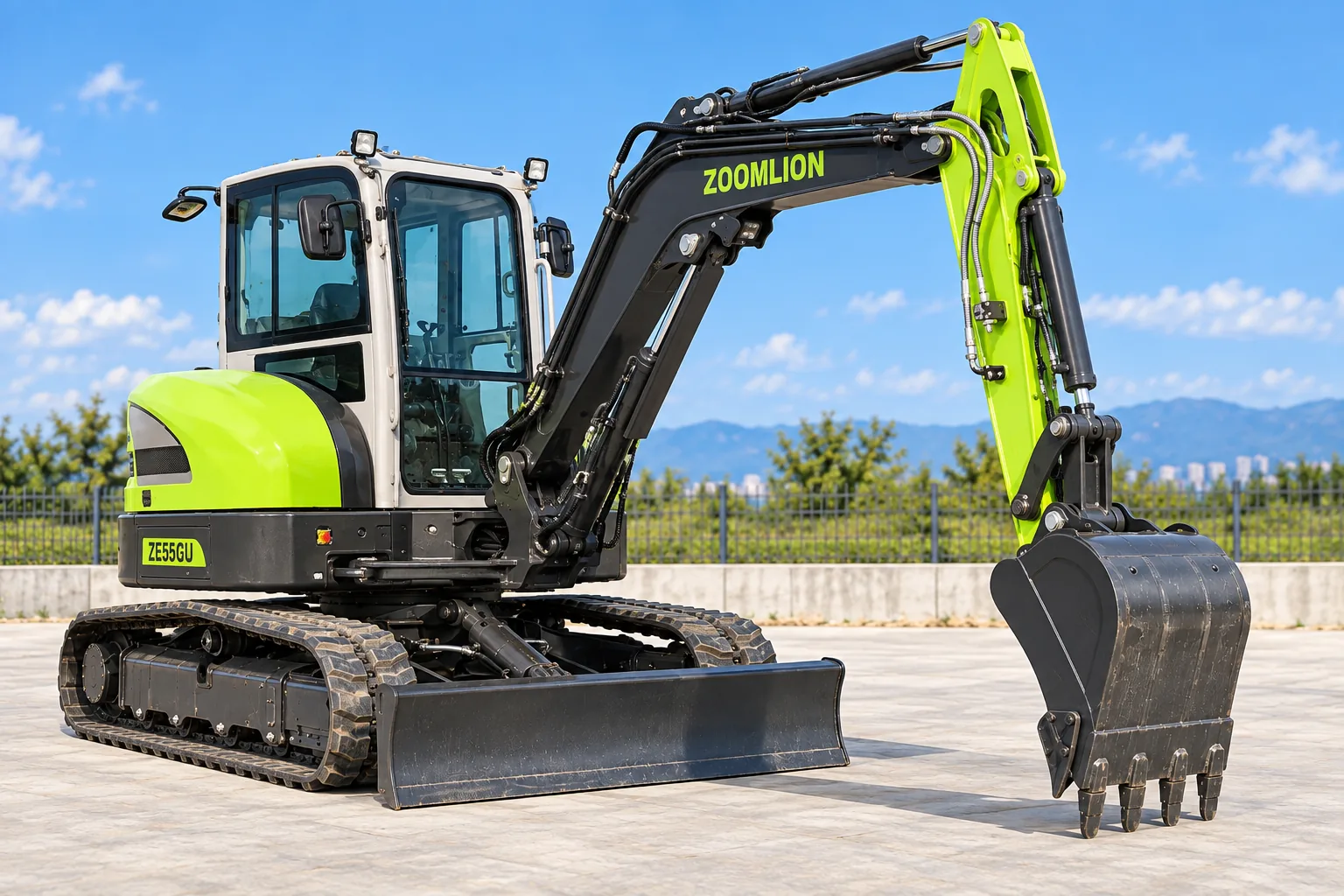 Illustrative right oblique view of a Zoomlion ZE55GU enclosed-cab excavator; not a photograph of a specific machine.