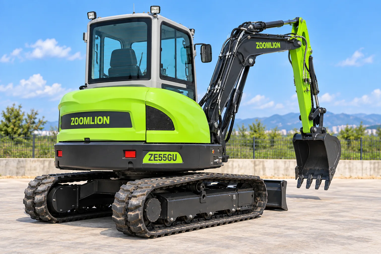 Illustrative rear-left oblique view of a Zoomlion ZE55GU enclosed-cab excavator; not a photograph of a specific machine.