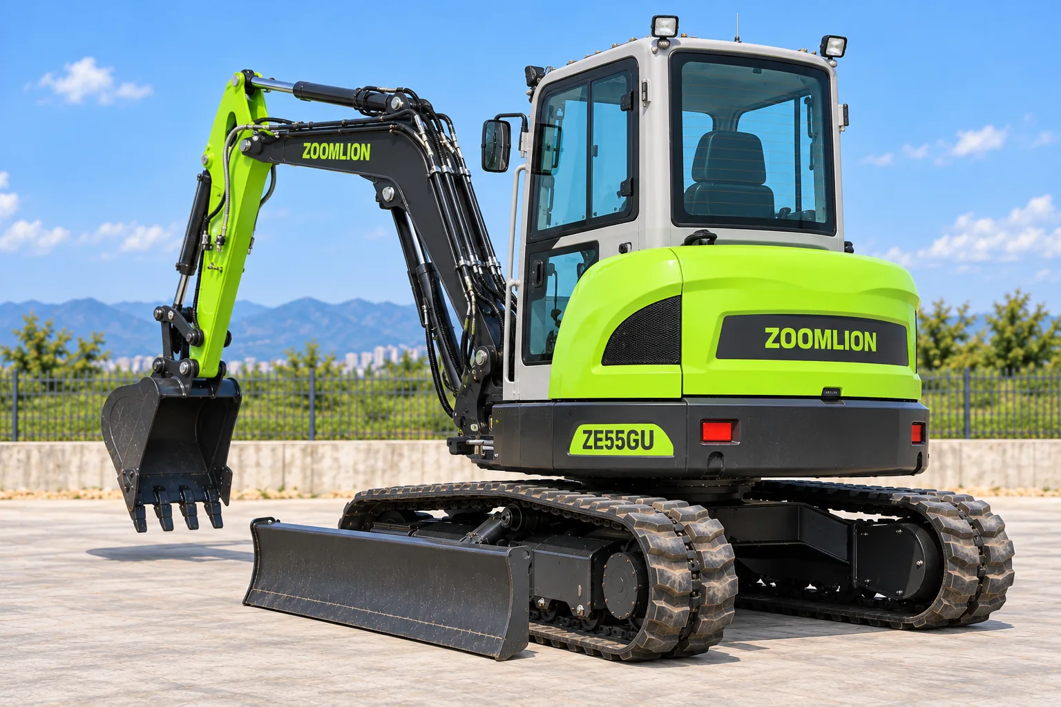 Illustrative rear-right oblique view of a Zoomlion ZE55GU enclosed-cab excavator; not a photograph of a specific machine.