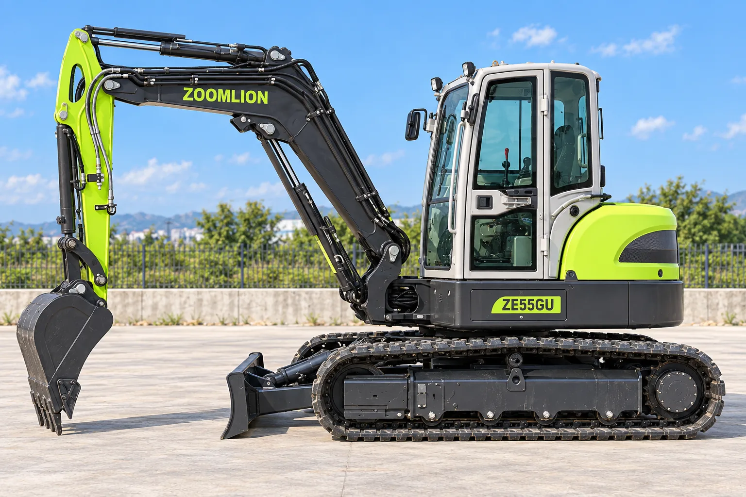 Illustrative left-side profile view of a Zoomlion ZE55GU enclosed-cab excavator; not a photograph of a specific machine.