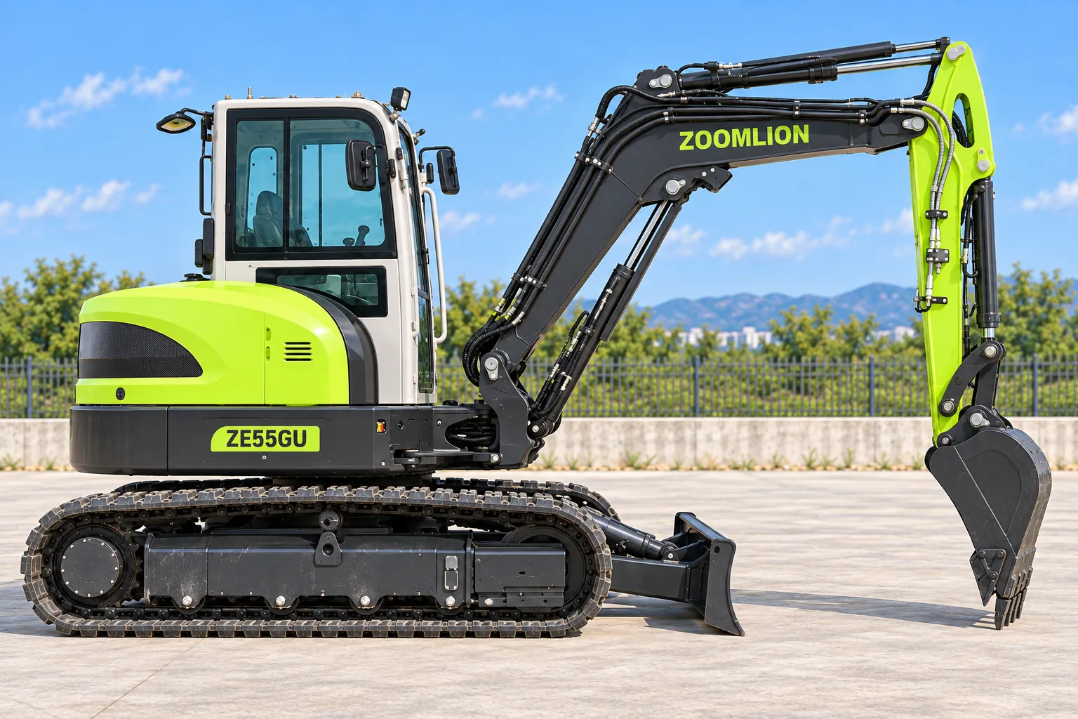 Illustrative right-side profile view of a Zoomlion ZE55GU enclosed-cab excavator; not a photograph of a specific machine.