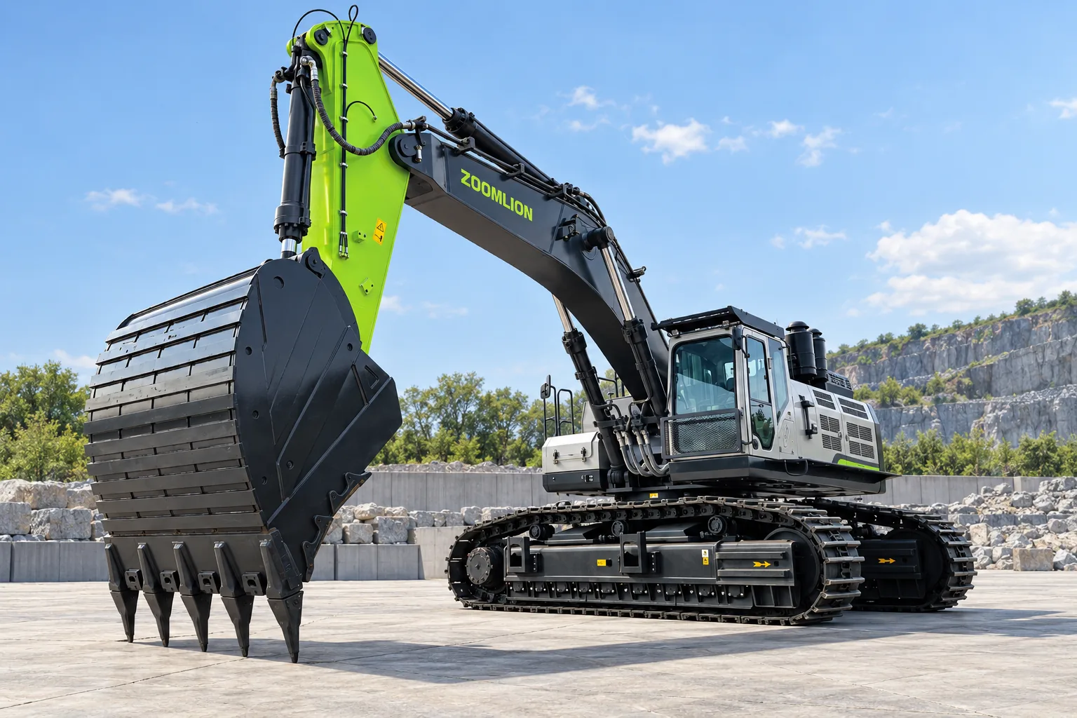 Illustrative cab-side front oblique view of a Zoomlion ZE750G mining crawler excavator with rock bucket; not a photograph of a specific machine