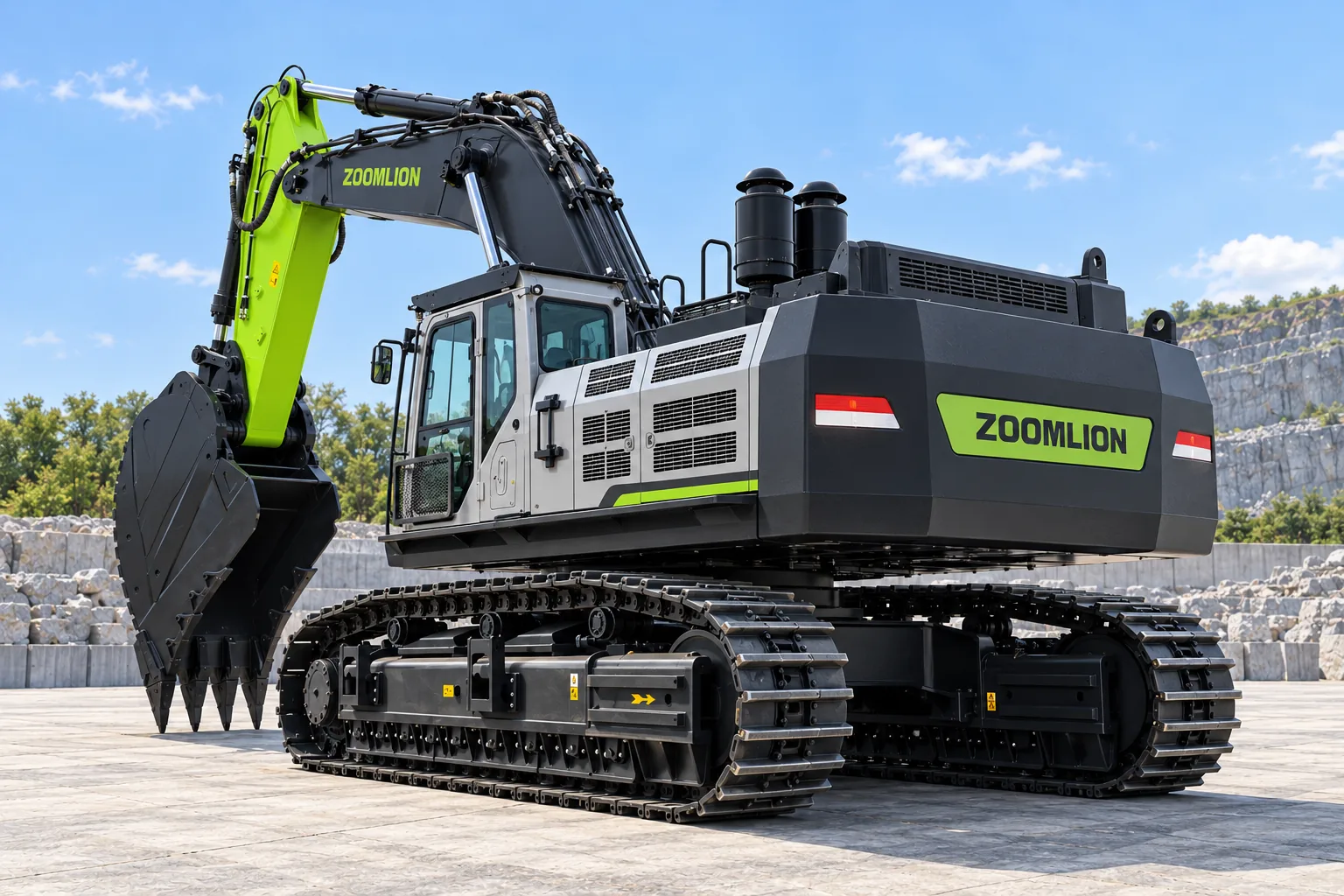 Illustrative cab-side rear oblique view of a Zoomlion ZE750G mining crawler excavator with rock bucket; not a photograph of a specific machine