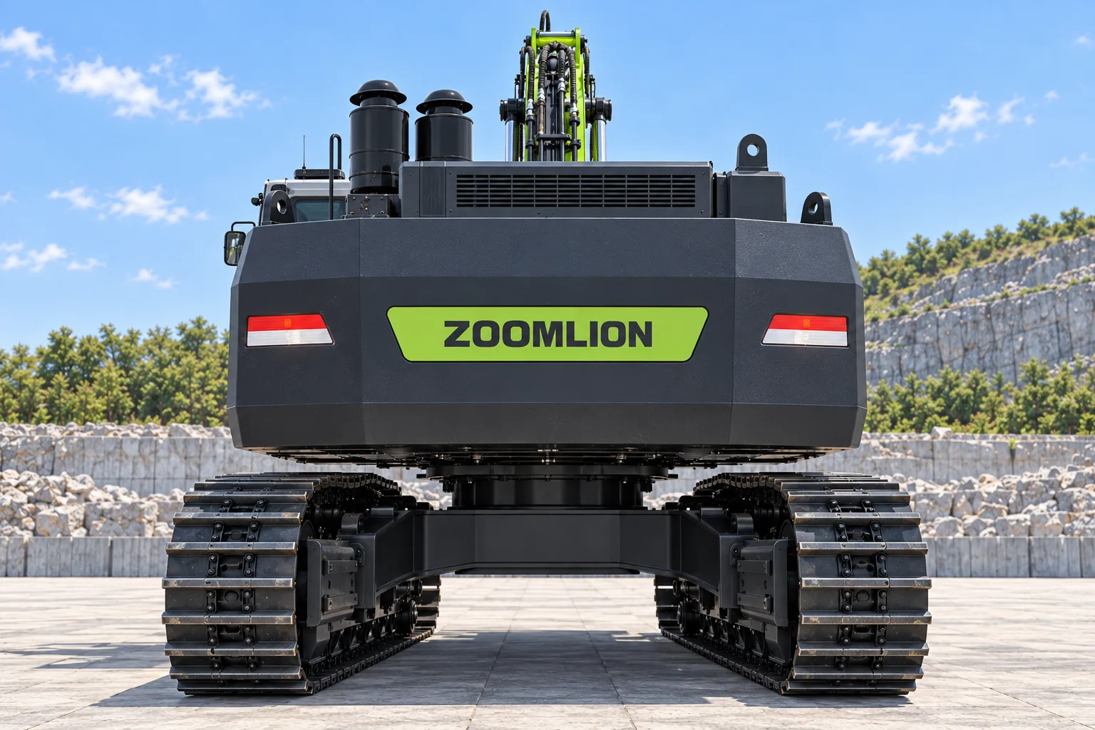 Illustrative rear-focused view of a Zoomlion ZE750G mining crawler excavator; not a complete-machine survey or photograph of a specific machine