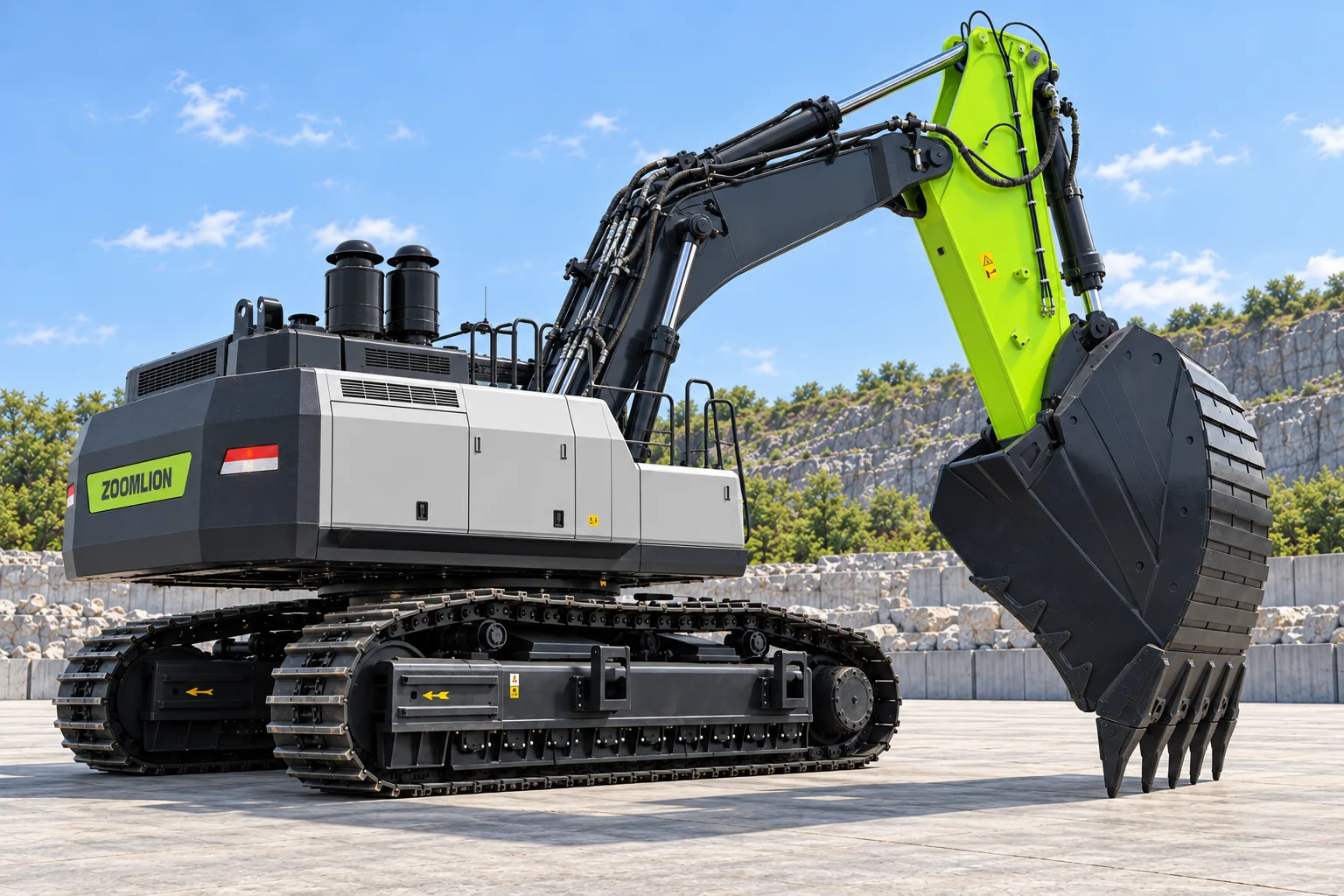 Illustrative service-side oblique view of a Zoomlion ZE750G mining crawler excavator; access-door details are inferred, not a photograph of a specific machine