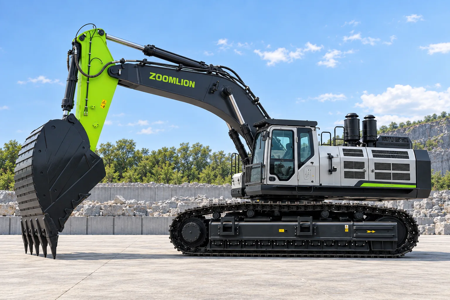 Illustrative cab-side profile view of a Zoomlion ZE750G mining crawler excavator with rock bucket; not a photograph of a specific machine