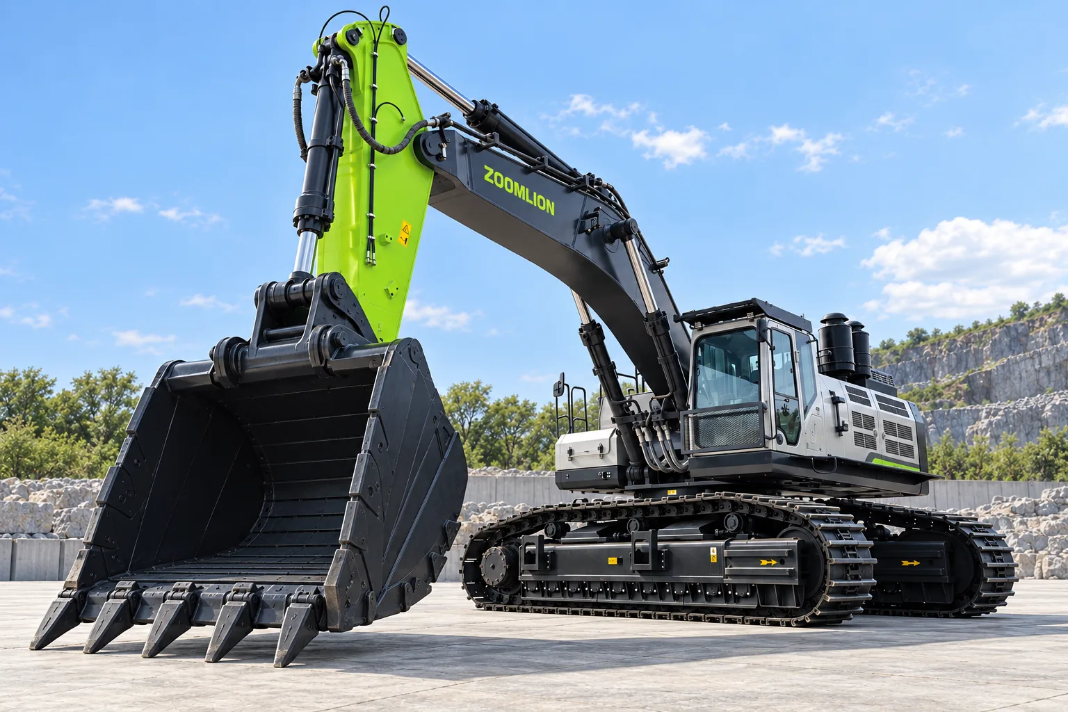 Illustrative front bucket oblique view of a Zoomlion ZE750G mining crawler excavator with rock bucket; not a photograph of a specific machine