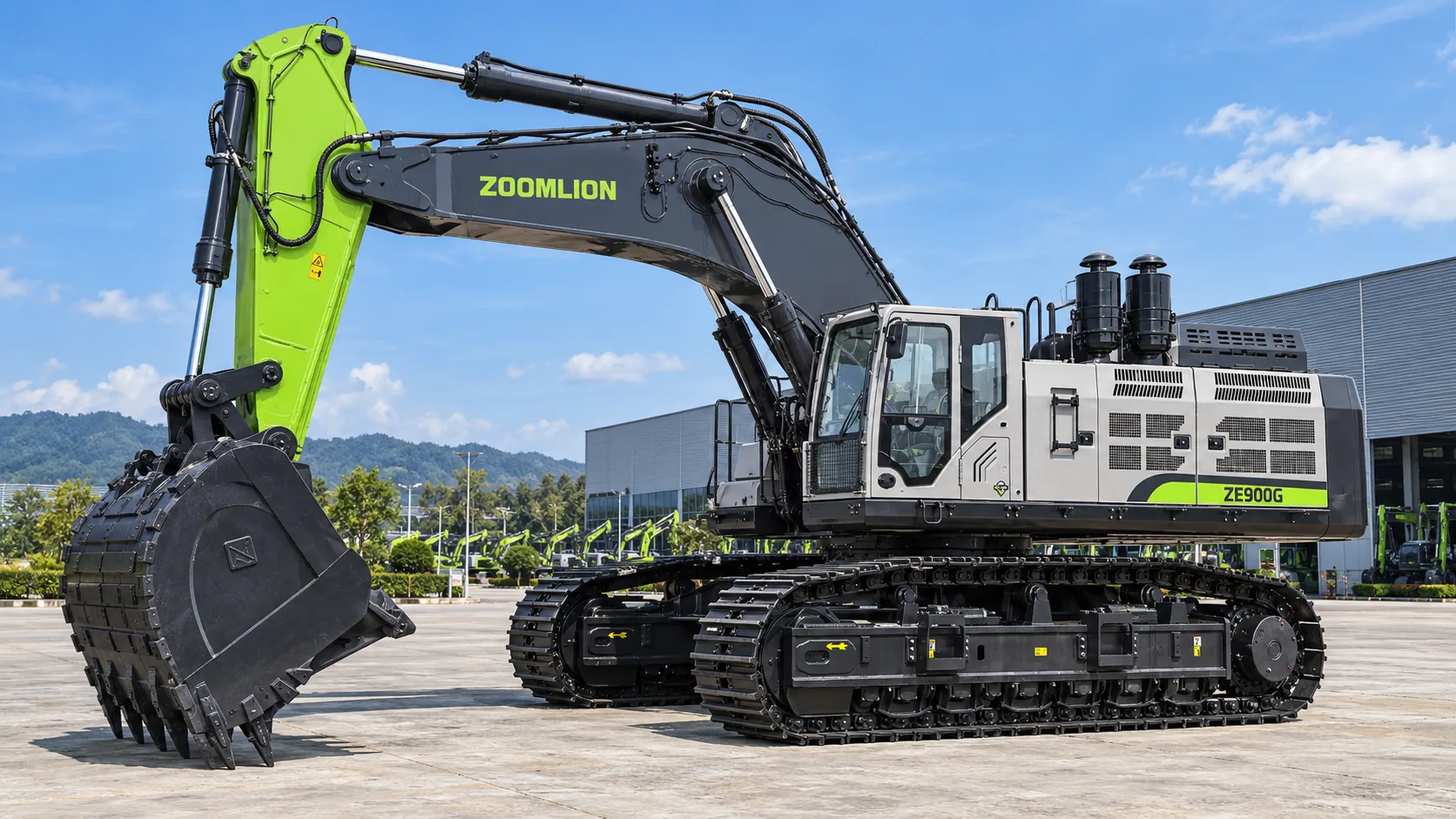 Illustrative cab-side front oblique view of a Zoomlion ZE900G mining crawler excavator with rock bucket; not a photograph of a specific machine