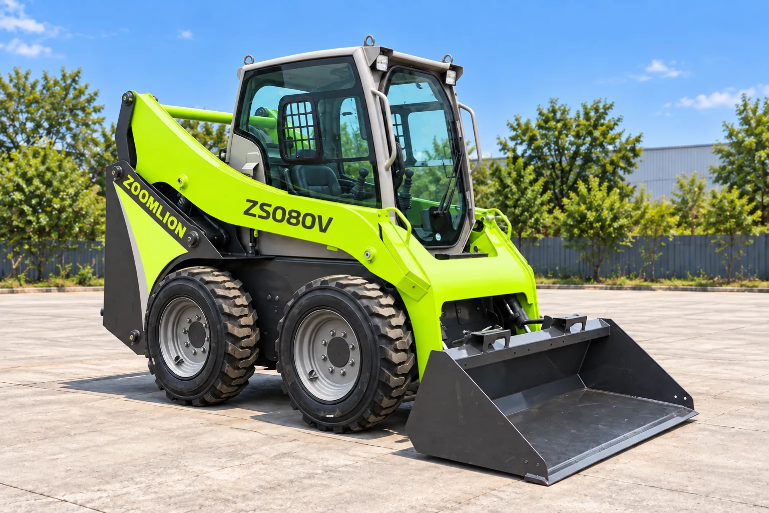 Illustrative front-left exterior view of a Zoomlion ZS080V skid steer loader; not a photograph of a specific machine.