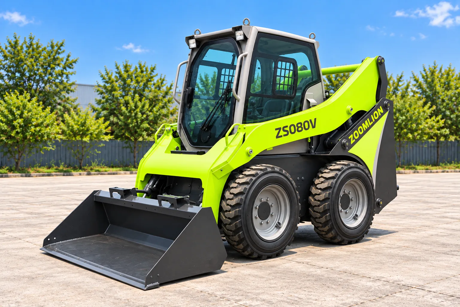 Illustrative front-right exterior view of a Zoomlion ZS080V skid steer loader; not a photograph of a specific machine.