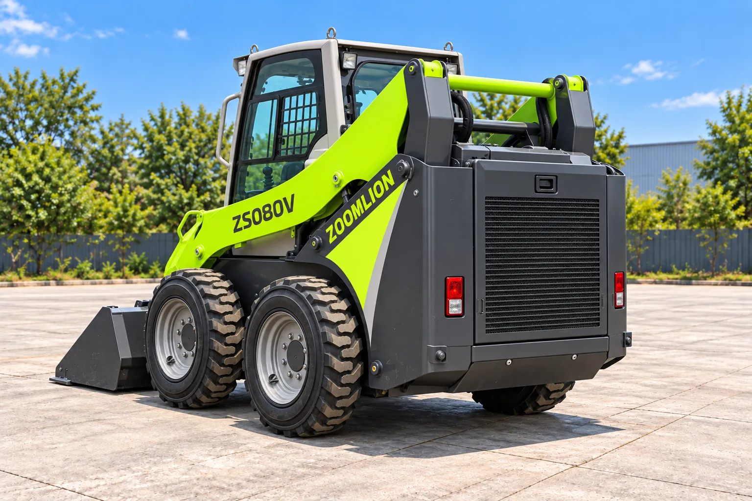 Illustrative rear-left exterior view of a Zoomlion ZS080V skid steer loader with reconstructed rear details; not a photograph of a specific machine.