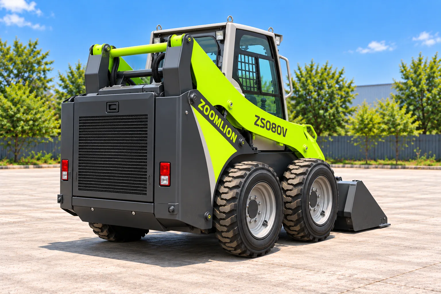 Illustrative rear-right exterior view of a Zoomlion ZS080V skid steer loader with reconstructed rear details; not a photograph of a specific machine.