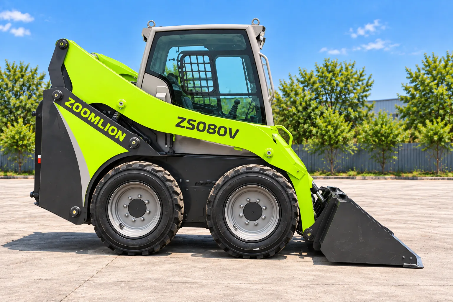 Illustrative left-side exterior view of a Zoomlion ZS080V skid steer loader; not a photograph of a specific machine.