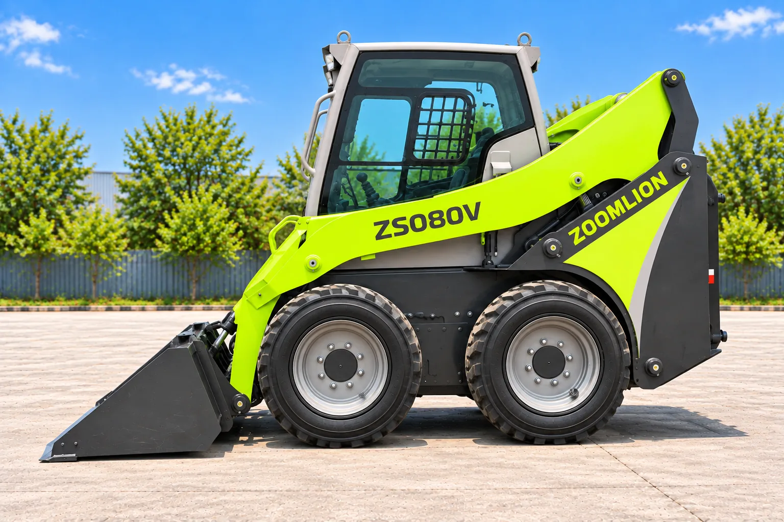 Illustrative right-side exterior view of a Zoomlion ZS080V skid steer loader; not a photograph of a specific machine.