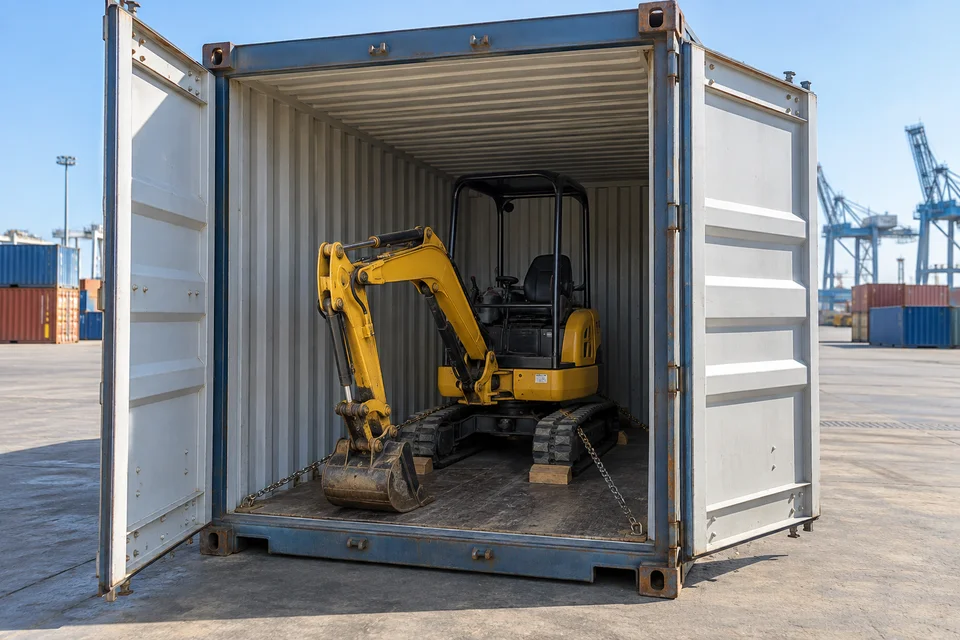 Illustration of a compact excavator inside an open shipping container