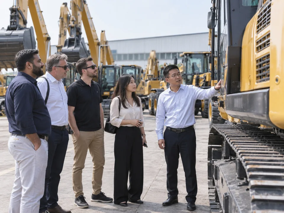 Illustration of visitors viewing equipment at a machinery yard, not an actual customer visit