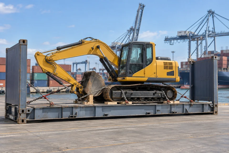 Illustration of an excavator secured on a flat rack container