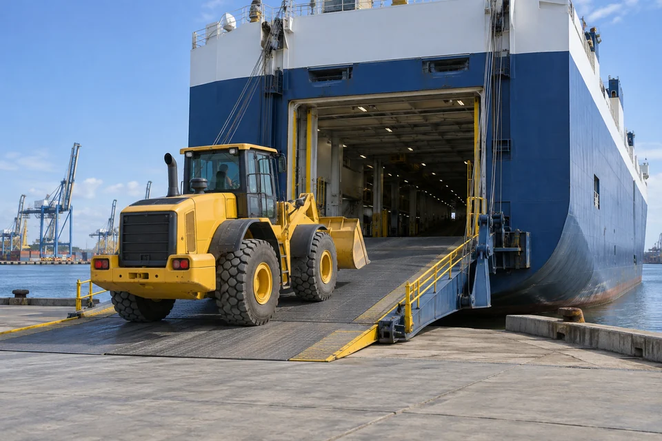 Illustration of a wheel loader boarding a roll-on roll-off vessel