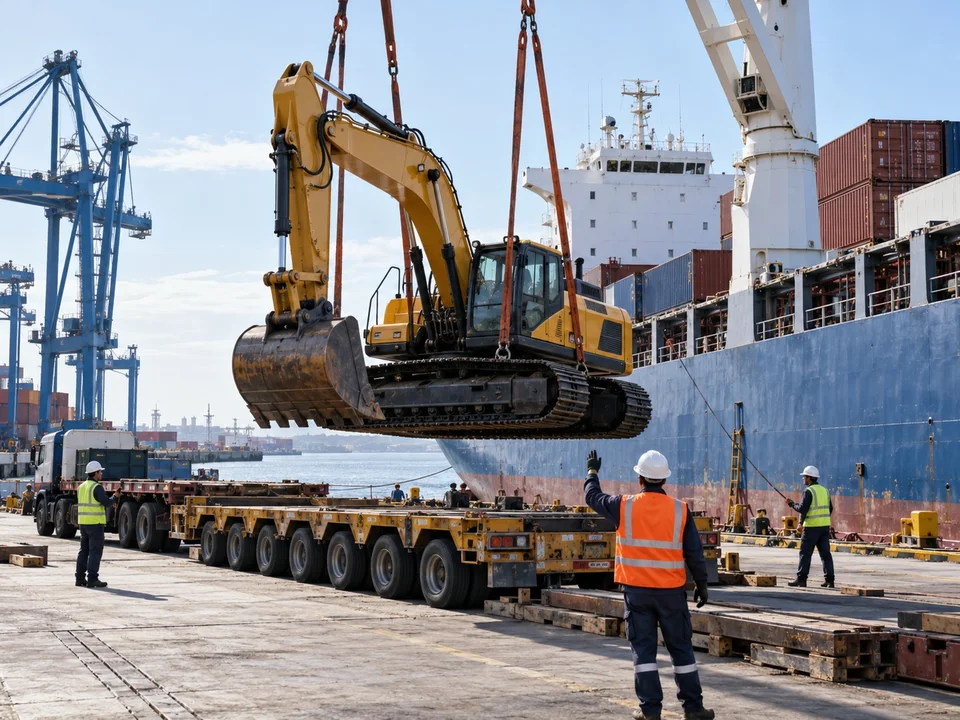 Illustration of an excavator being lifted beside a cargo vessel